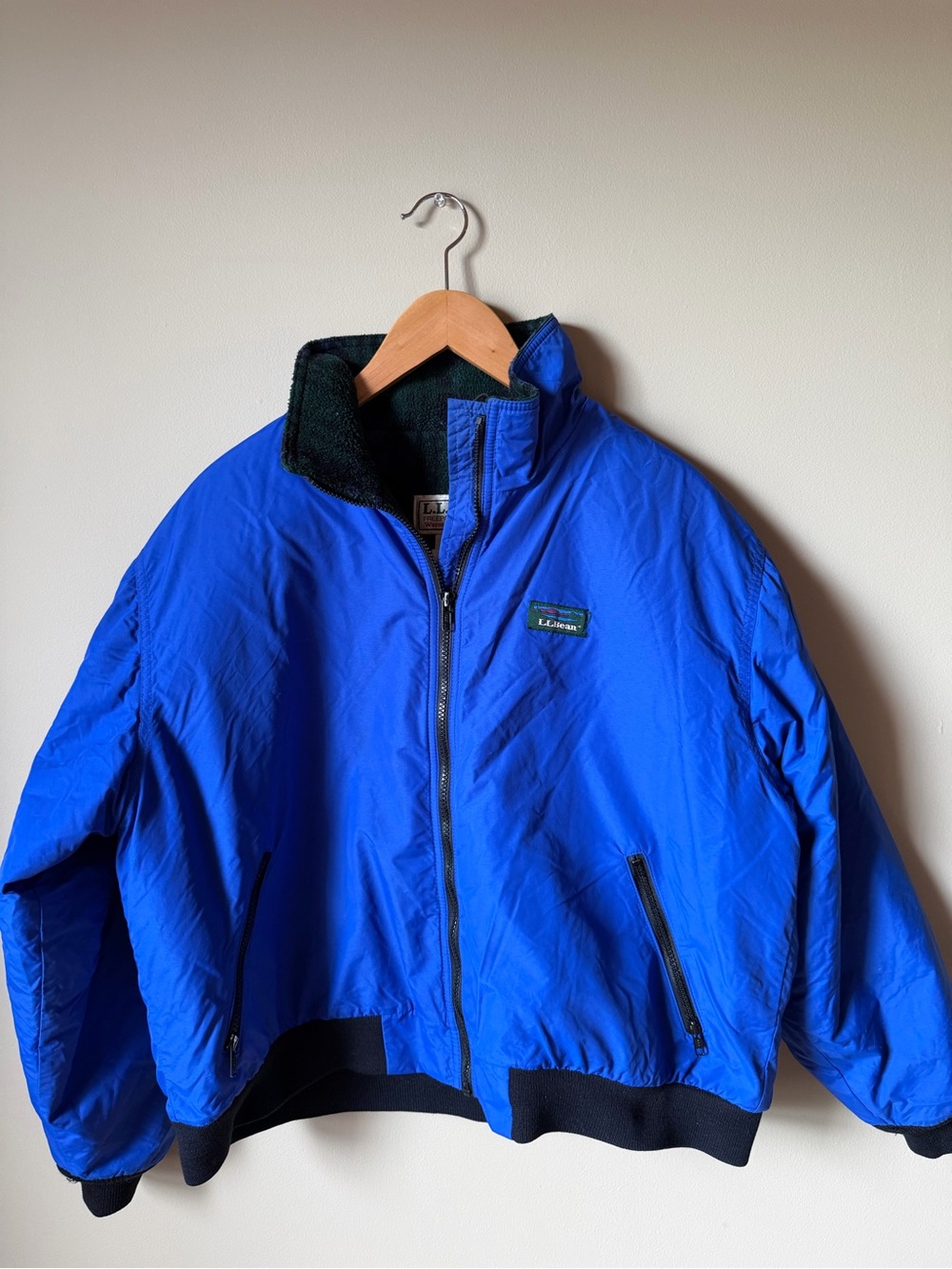 Vintage 90s LL Bean Warm Up Jacket Blue Fleece Lined Green Plaid Bomber Men's L